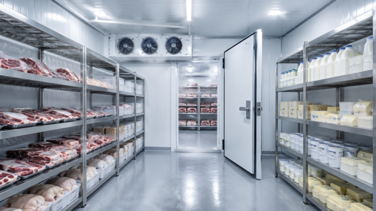 Et ve süt ürünleri için kullanılan modern soğuk hava deposu, paslanmaz raflarda paketli et ürünleri, süt şişeleri, peynir ve yoğurtların hijyenik şekilde depolanması