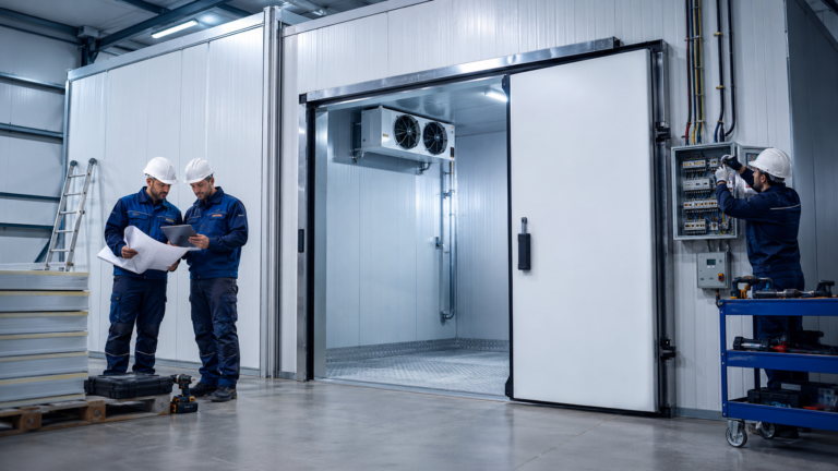 Soğuk oda kurulum sürecinde teknik ekibin projelendirme yaptığı, panel montajı tamamlanmış ve elektrik bağlantıları yapılan modern soğuk hava deposu